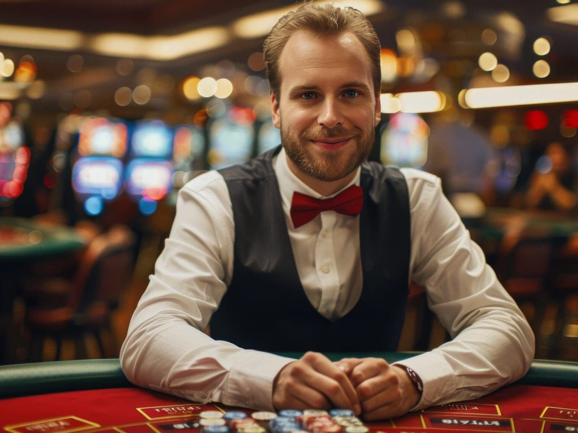 Casino Dealer at a Gaming Table in a Brightly Lit Casino