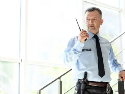 A male security guard stands on a staircase talking into his radio.