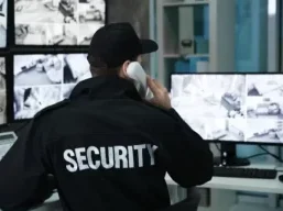 A security officer in front of security camera monitors on the phone