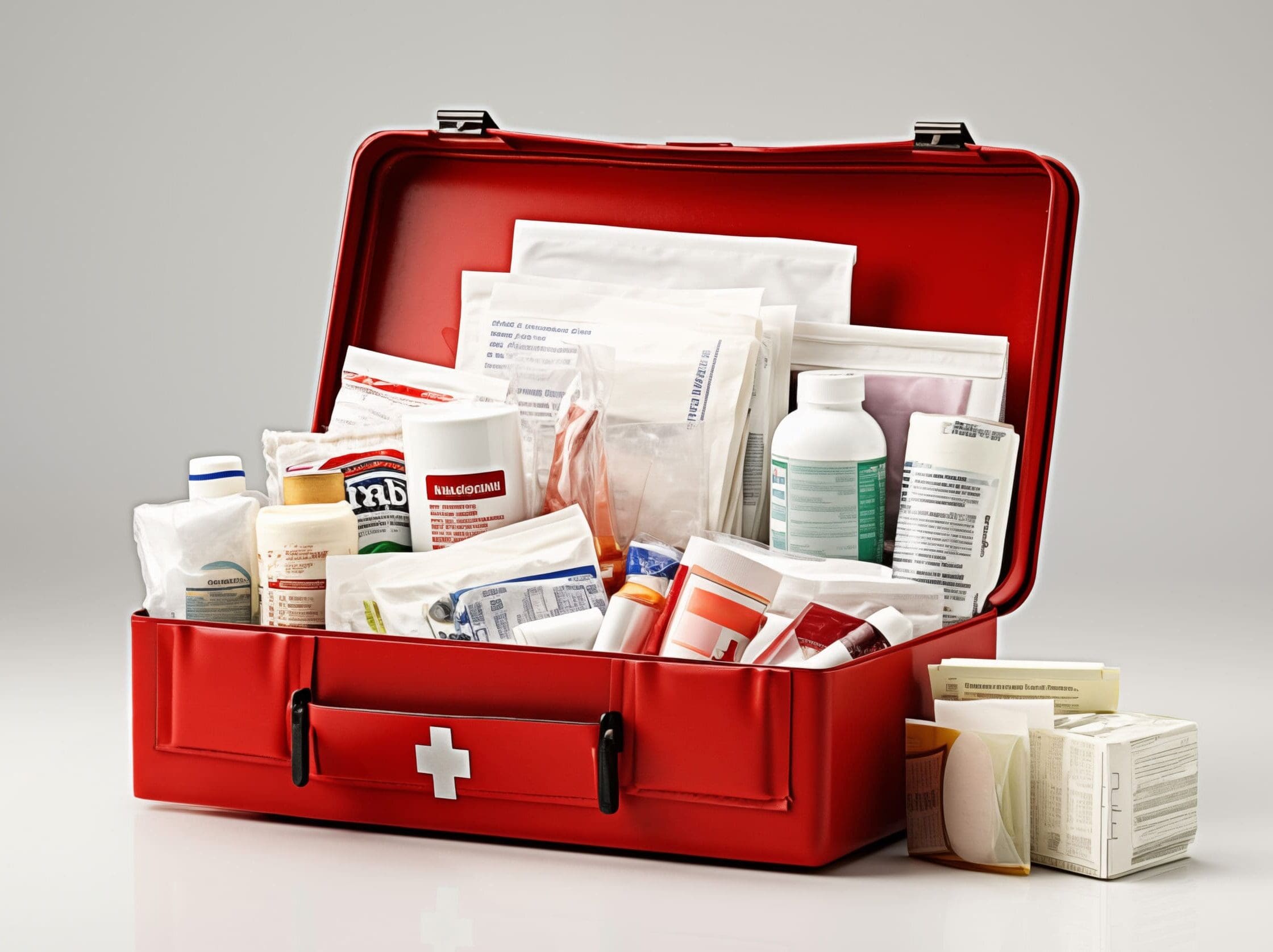 Large open red first aid kit with a white cross with pills and various first aid medications inside. Isolated on white background