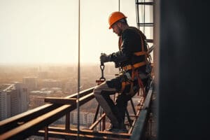 A high working construction worker in full safety gear stands on a scaffold high above a city.