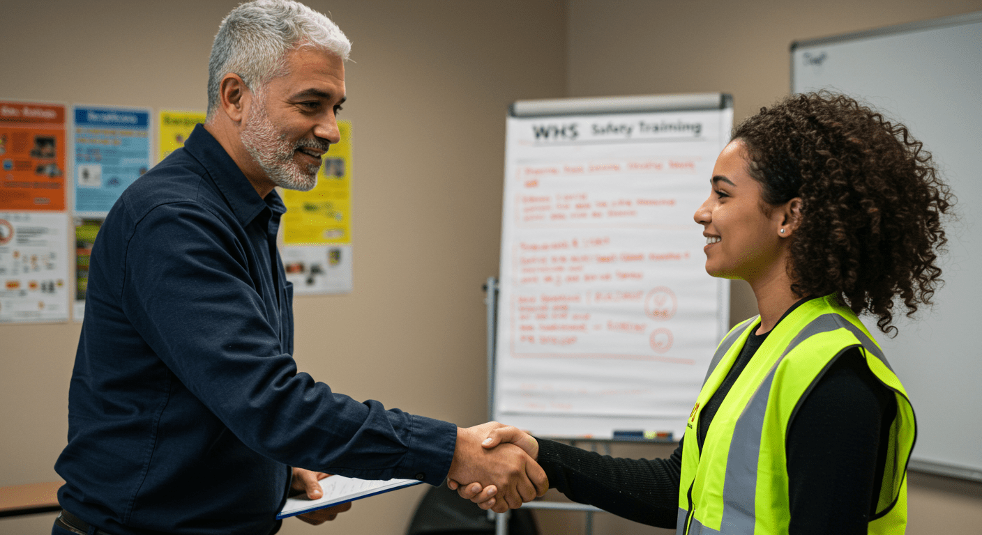 A WHS trainer shakes hands of a trainee