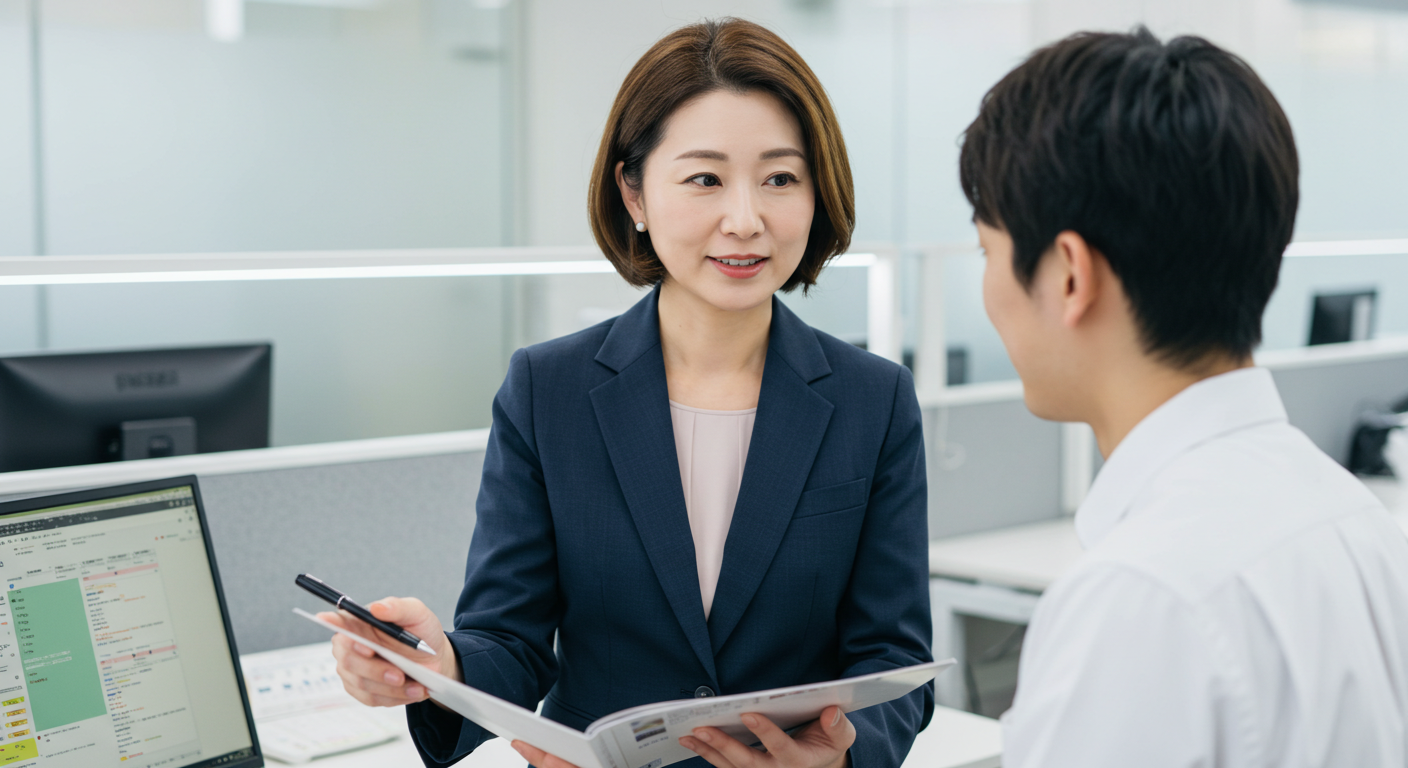 An employee asking a trainee about the course